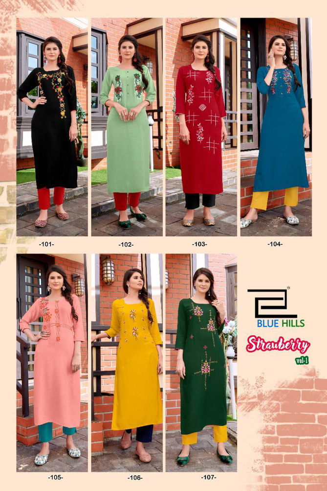 Blue Hills Strawberry Latest Fancy Heavy Festive Party Wear Designers Rayon Kurti Collection